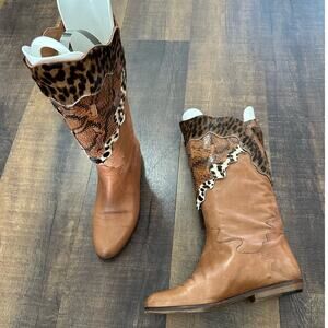 Donna Carolina Leather Patchwork Cowboy Boots Tan Animal Print EU 36.5